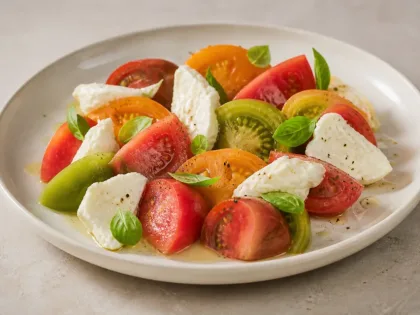Photo of Tomatoes, fresh cheese and basil.